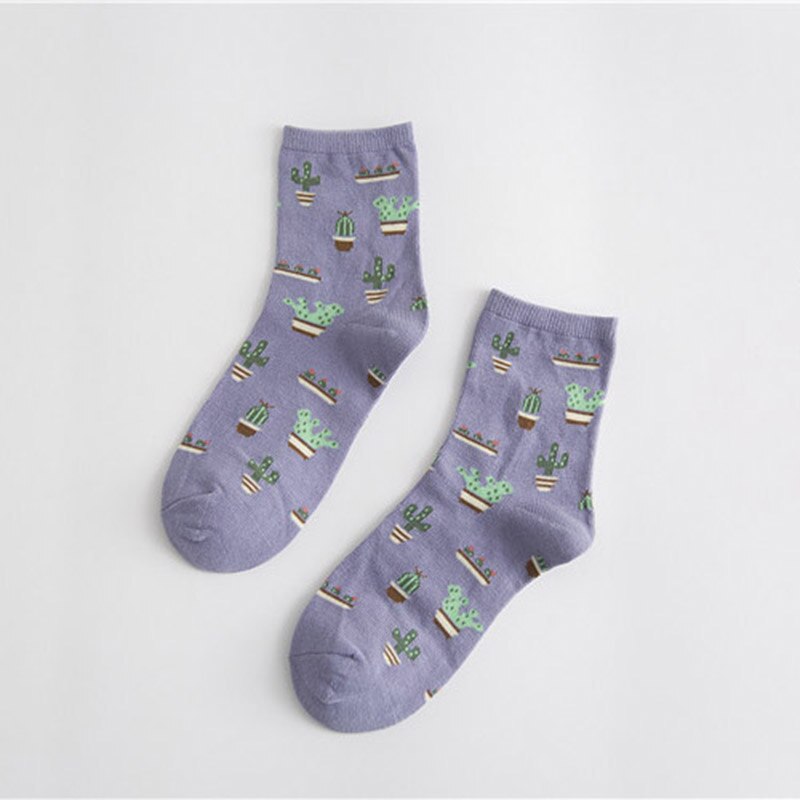 Dessin animé fruits coton chaussettes pastèque citron fraise banane avocat femmes chaussettes féminine Streetwear chaussettes été automne: Purple Cactus