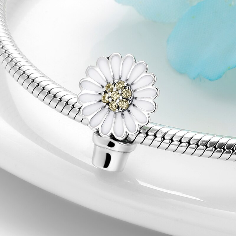 Pas original kataoka armbånd hvid emalje sol blomst med charmerende cz blændende 925 sterling sølv charms perler