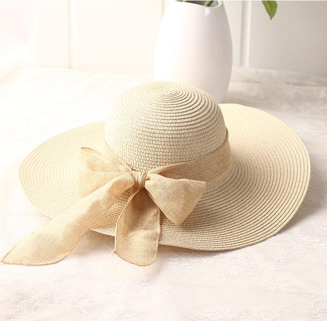 USPOP -chapeaux de soleil pour femmes, chapeau en paille, fait à la main, chapeau de plage à large bord, avec nœud papillon, ombre anti uv, été décontracté: Beige