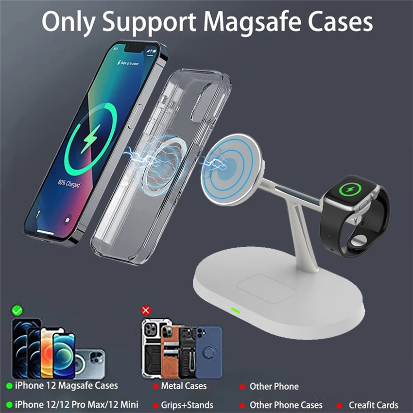 Suporte de carregador magnético sem fio, estação de carregamento rápido para iPhone 15, 14, 13, 12 Pro Max, Apple Watch 8, 7, Airpods Pro, 3 em 1, 30W