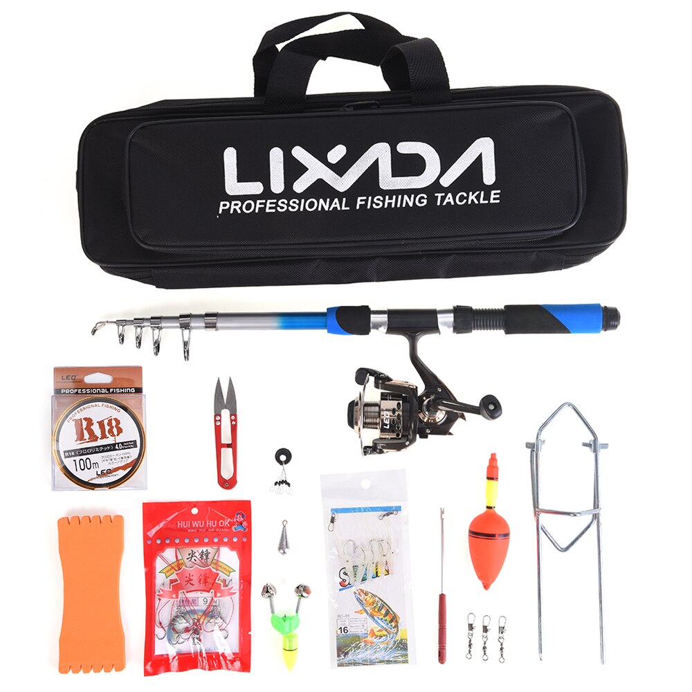 Lixada Fishing Tackle Set with Telescopic Fiberglass Fishing Rod Spinning Fishing Reel Fishing Baits Hooks Fishing Bag Combo Kit