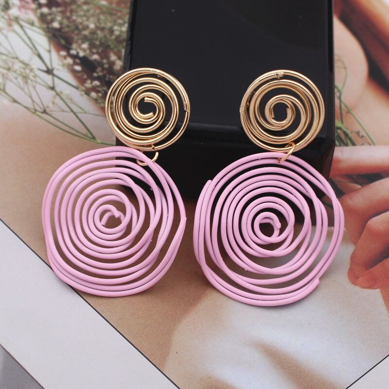 Pendientes grandes redondos de alambre rojo, verde, amarillo, espiral, laberinto de Metal geométrico, joyería para de boda, Pendientes: pink
