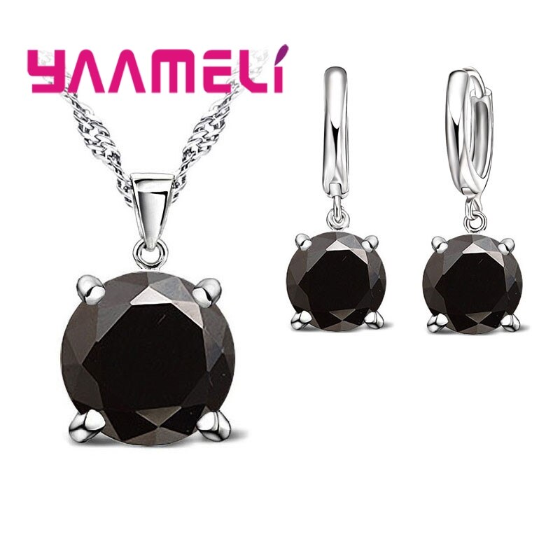 Conjunto de joyería de plata de ley 925 para mujer, collar con colgante de Circonia cúbica, pendiente, joyería nupcial clásica para mujer: black