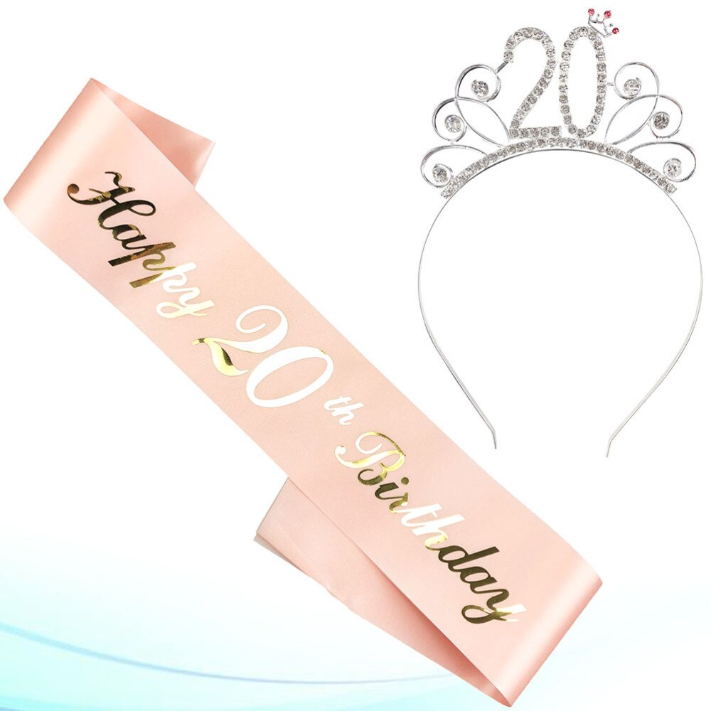 2 stuks verjaardagssjerp kroonset decoratie roségoud stempelen letterdruk etiquette riem feestbenodigdheden verkleedgunsten  (17 jaar: Roze gloden 20
