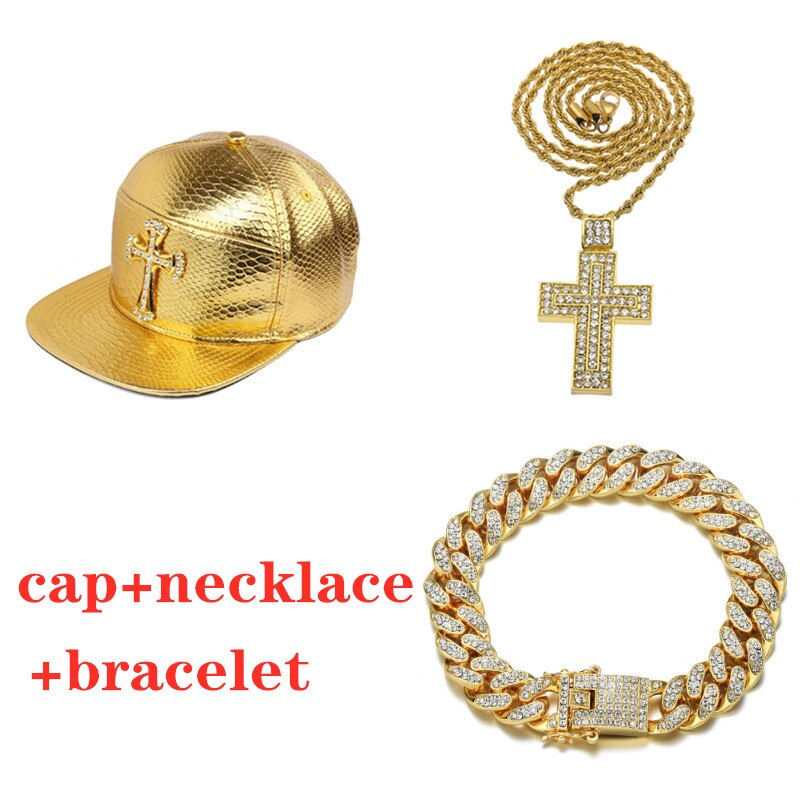 Mænd hip hop cap gyldne cross cap hat + halskæde + armbånd sæt smykker diamant is ud cubanske chian smykker sæt: Kaffe