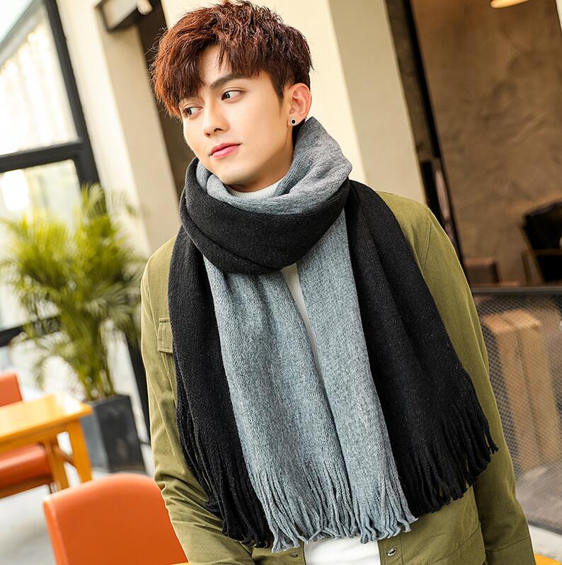 Pañuelo y grueso para hombre, bufanda de lana tejida, para estudiantes jóvenes, color azul marino, vino tinto, invierno,: black and gray