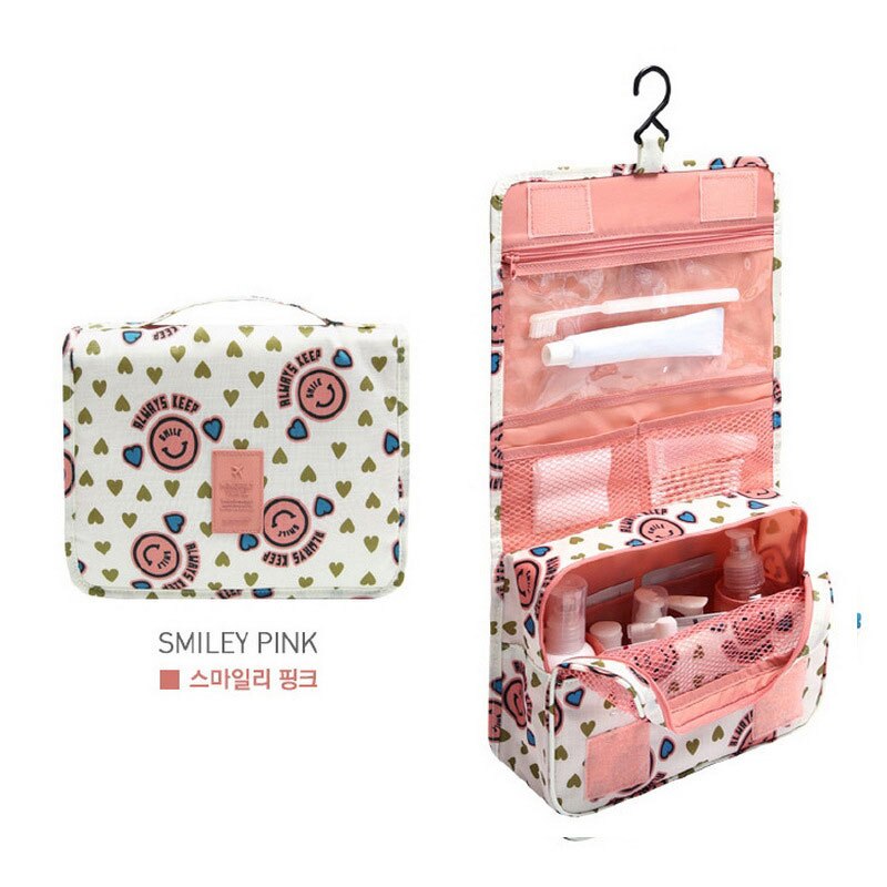 Travel wash Bag Collapsible Oxford Waterproof Portable Unisex Tote Zipper Pouch Mesh Storage package make up bag Thicker ver: pink smile