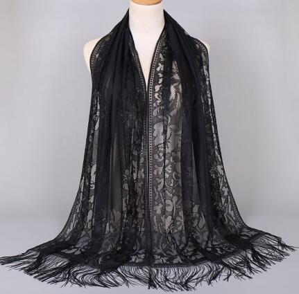 Women Cotton Polyester Floral Lace Scarf Shawl Tassels Party Wedding Lace Veil India Arab Muslim Hijabs Scarves: color 15 black
