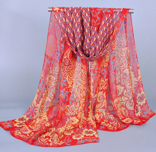 Kvinder damer chiffon påfugl tørklæde fjer blød wrap lang sjal farverige tryk tørklæde 160*50 cm: Rød