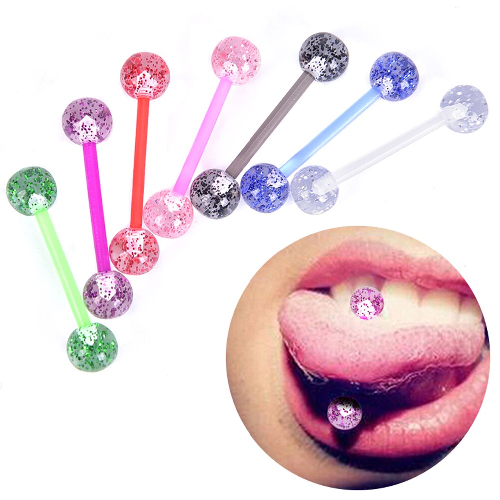 8 stks/set Kleurrijke Glitters Tong Ringen Acryl Zachte Staaf Barbell Ball Tong Stud Piercing Sieraden