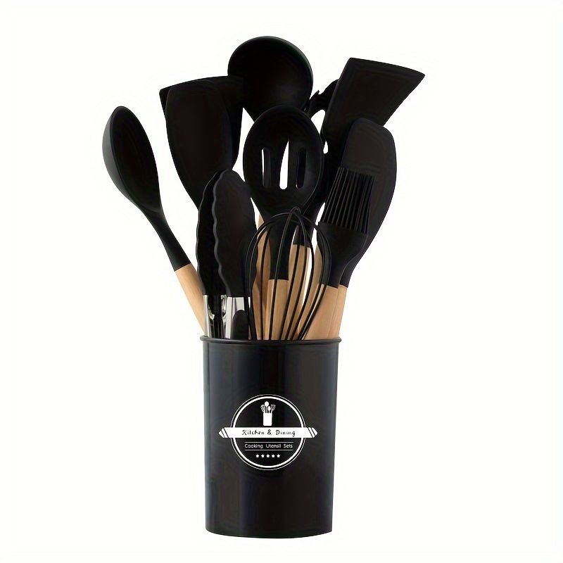 FJNATINH Houten lepels om te koken, 10 stuks teak houten kookgerei set met houder, houten keukengerei set voor anti-aanbakpannen en kookgerei
