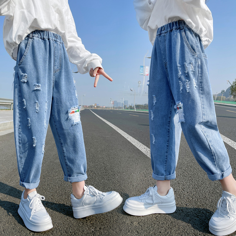 Pantalones vaqueros rasgados con agujeros para niñas, Jeans largos de estilo informal, para la escuela, ropa para niñas de 4 a 13 años
