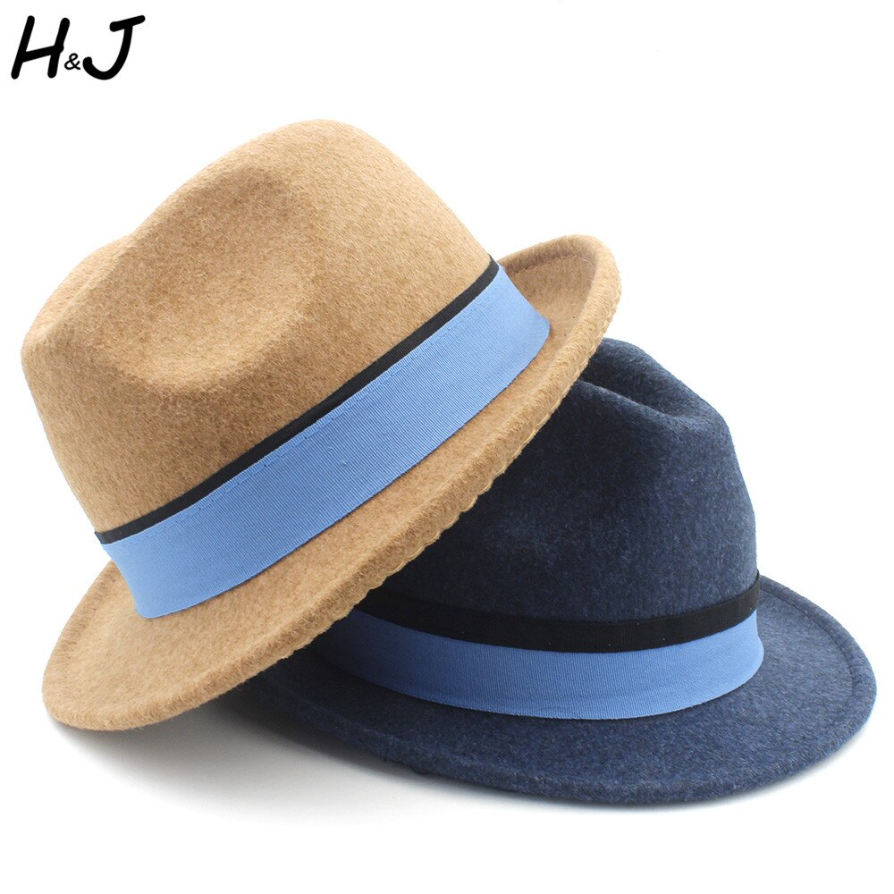 Sombrero Fedora Homburg 100% de lana para mujer con visera corta sombrero de fieltro de Jazz con cinta azul tamaño 56-58CM