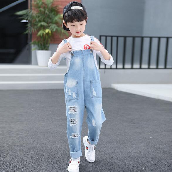 kinder Overalls Herbst Jungen Denim Hosen Kinder Taste Dünne Hosen Zerrissene Cowboy Overall für Jungen