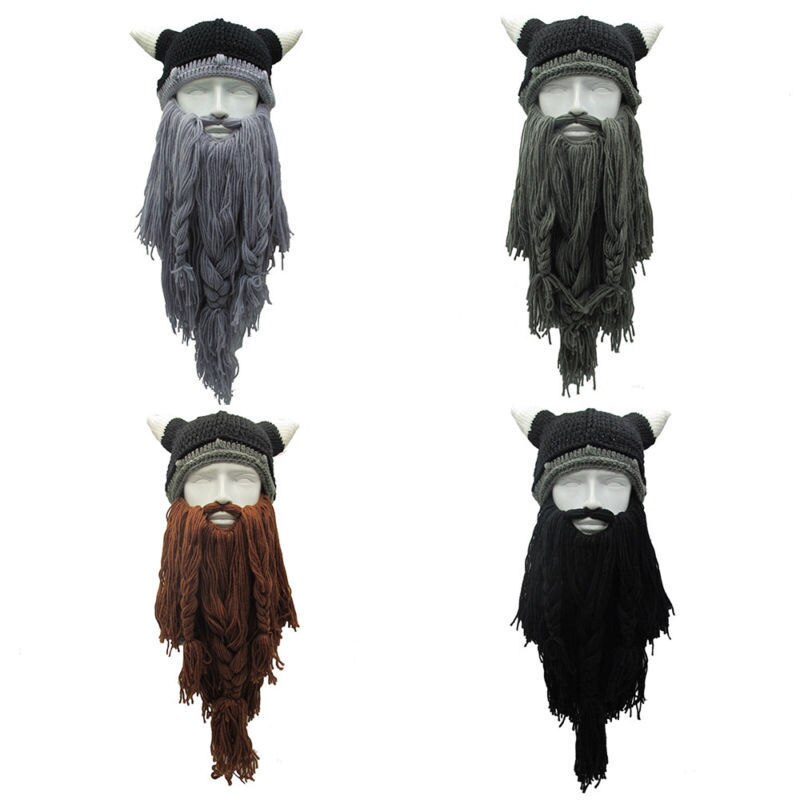 Men&#39;s Knit Viking Beard Horn Hat Crazy Ski Cap Barbarian Vagabond Beanie Halloween Winter Handmade Funny Hat + Beard