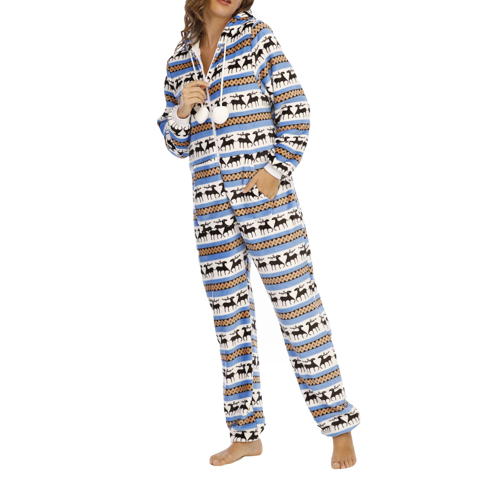 Pyjamas d'impression de noël femmes mignon body vêtements de nuit automne hiver flanelle polaire combinaison chaude vêtements de maison pour les femmes vêtements de nuit: Bue / M