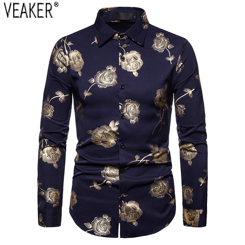Blommiga skjortor för män manlig slim fit långärmad skjorta män svart vit blomtryck business casual skjortor s -2xl