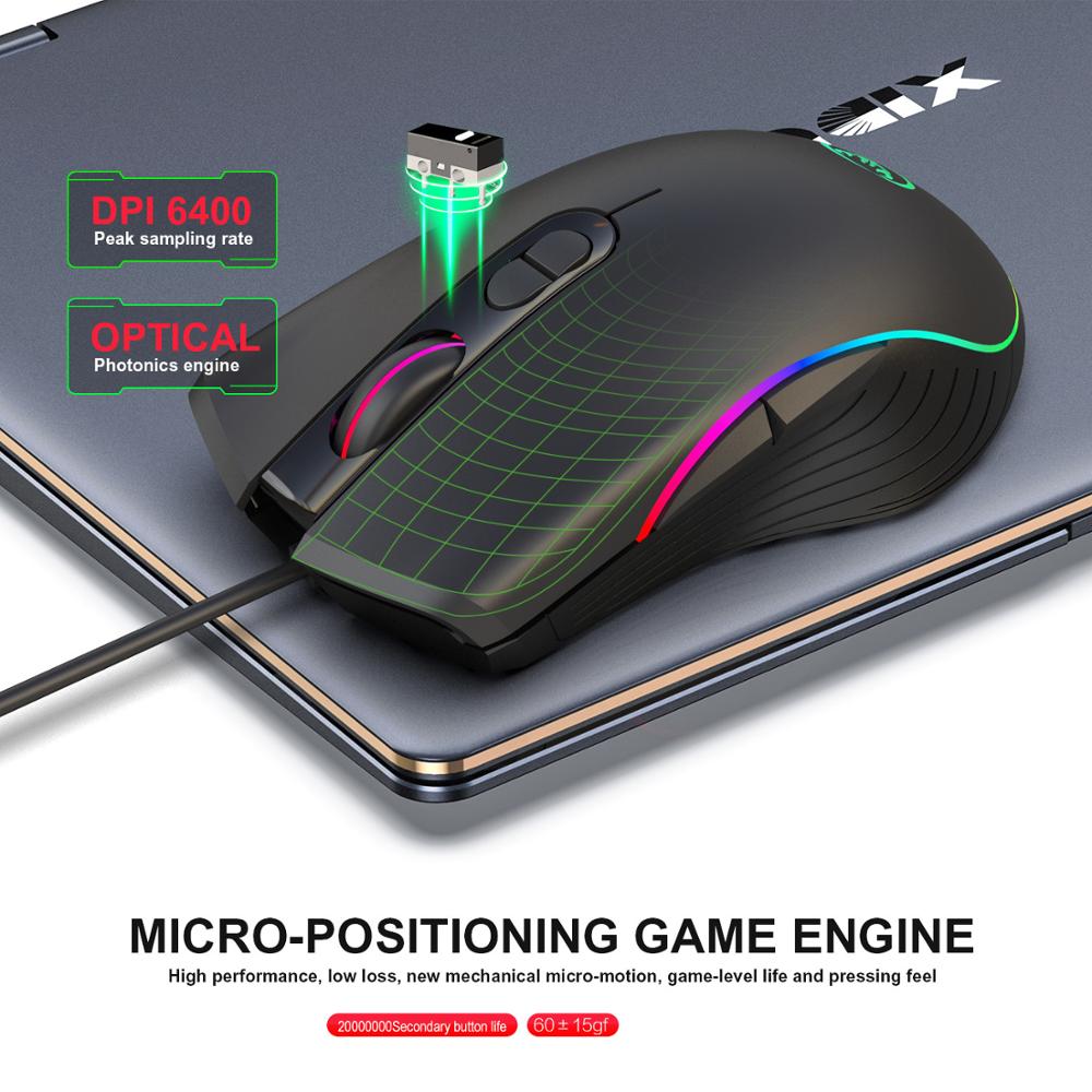 Ratón ergonómico con cable RGB para juegos, Mouse óptico USB para ordenador portátil, ajustable, 7 botones, 6400 DPI