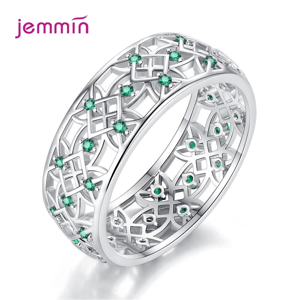 Più nuovo Hollow Out Trendy Zircone Cubico 925 Sterling Silver Piercing Anelli Dei Monili di Vendita Calda Del Modello di Fiore Anello di Fascino Per Le Donne: 6 / Green