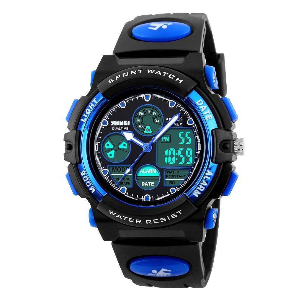 Digital Watch Waterproof Multifunction Boy kids watches LED Sports Waterproof Wrist Watch Kids Alarm Date Electronic Watch: Blue