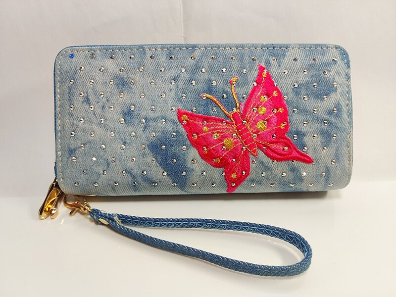 Phone Purse Women Wallets Denim Big Female Brand Retro Ladies Long Woman Wallets Card Clutch Double Zipper ladies wallet Diamond: Butterfly Wallet 6