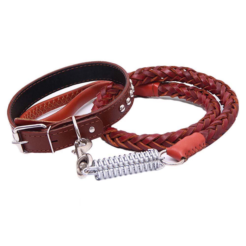 Dog Supplies Leather Weave Buffer Spring Pet Long Leash Traction Rope Collar Set For Big Dogs Leather Braid Collar and Leash Set