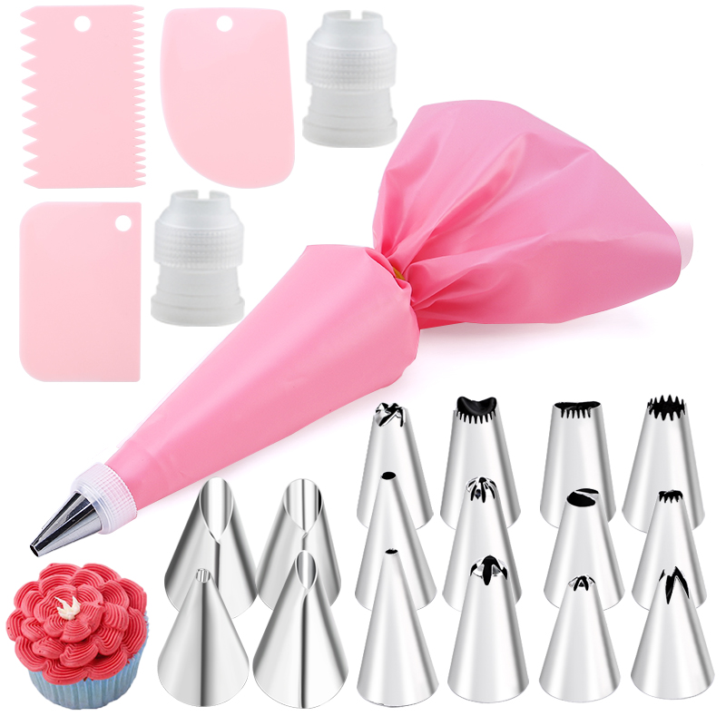 Juego de 6-24 Uds. De bolsa de repostería y boquilla para pastel de acero inoxidable, accesorios de cocina para decorar panadería, equipo de confitería: Transparente