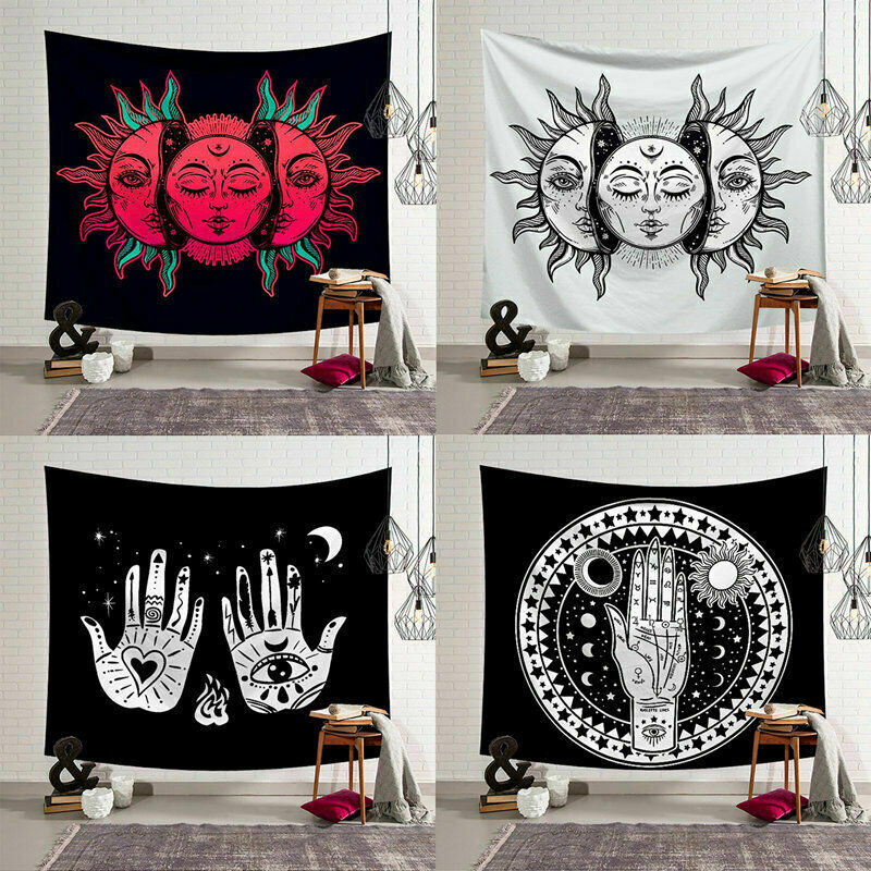 Vintage sol og måne indisk mandala gobelin væghængende hippie sengetæppe sigøjner kunstindretning boheme strandmåtte 95 x 73cm