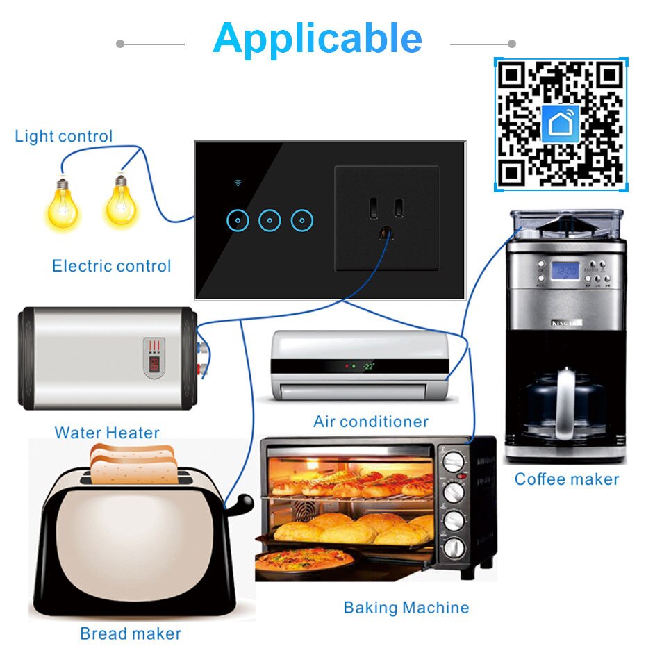 Tuya Smart Life Electrical Socket and Switch WiFi LED Light Touch Wall Switch 3 gang and US Socket Compatible Alexa Google Home