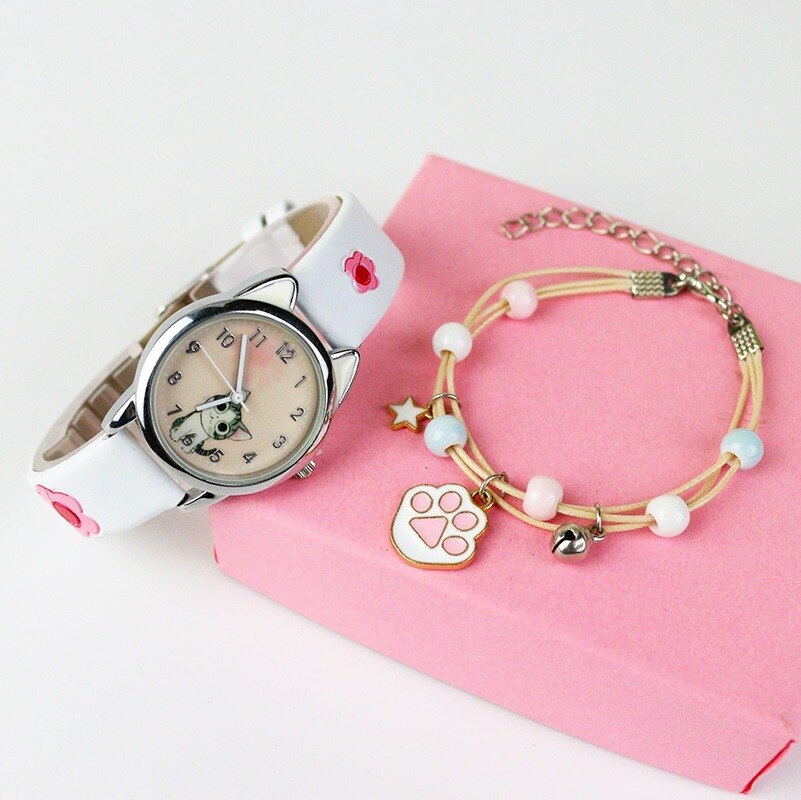 Cute Cheese Cat Pattern Women Watch with Bracelet Quartz Analog Ladies Watches Kids Girls Student Clock Relogio Feminino