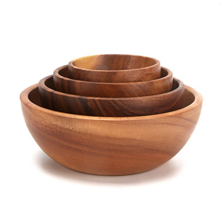 Acacia Wood Salad Bowl Round Calabash Serving / Salad Bowl Soup Bowls Hand-made Natural Wood Grain
