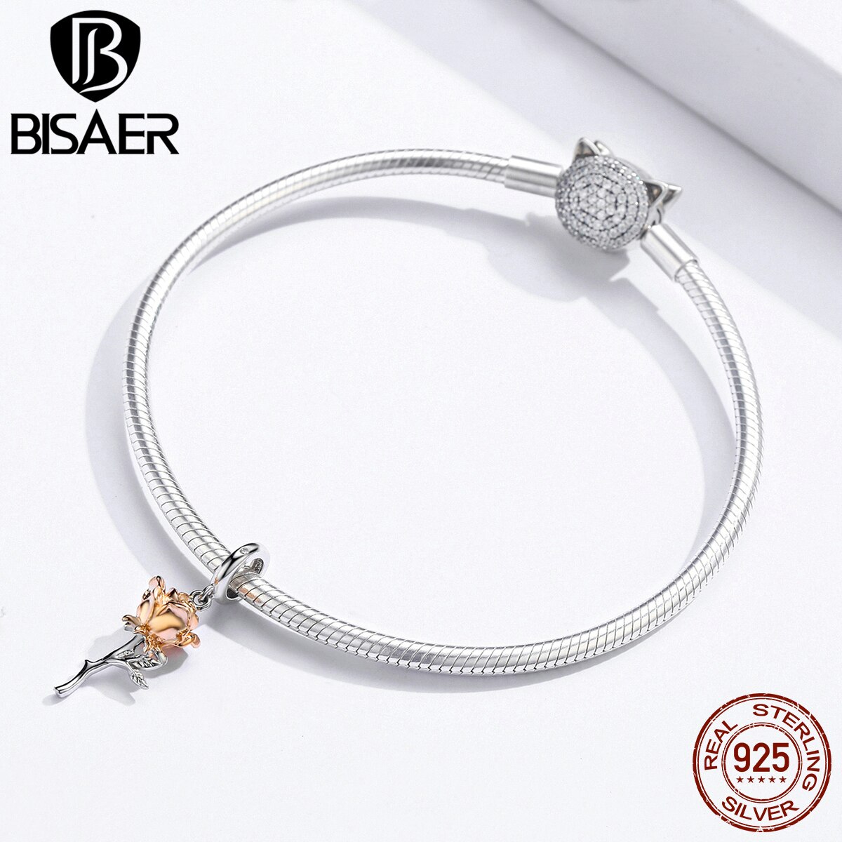 Rose Flowers Beads BISAER 925 Sterling Silver Blooming Rose Flower Charms Beads fit DIY Bracelets & Bangles Accessories EFC145