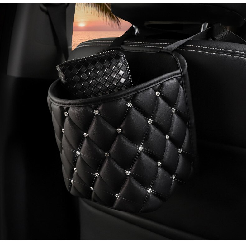 Auto Handtas Houder Luxe Lederen Autostoel Opbergtas Organizer Multi-Zakken Universele Bling Crystal Opbergen Opruimen Auto Goederen: small bling