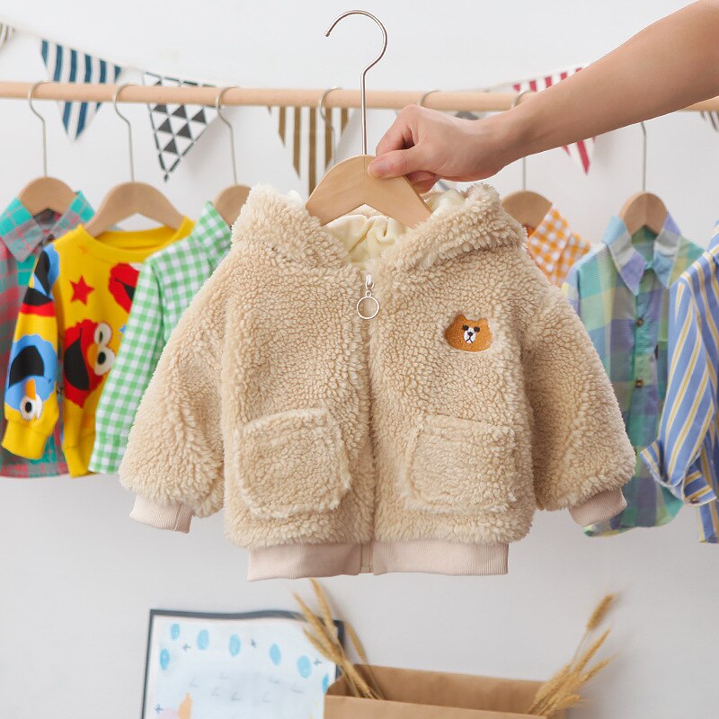 Zimowe ciepłe dzieci dzieci kreskówka niedźwiedź z kapturem wełna jagnięca grube kurtki z polaru chłopcy codzienna odzież wierzchnia płaszcze Casaco