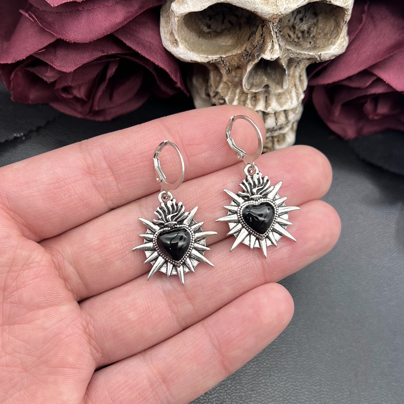 1 par de pendientes de corazón sagrado llameante, espinas esmaltadas, corazón sagrado, joyería mexicana, pendientes de corazón sagrado de Jesús, joyería religiosa: Bronze