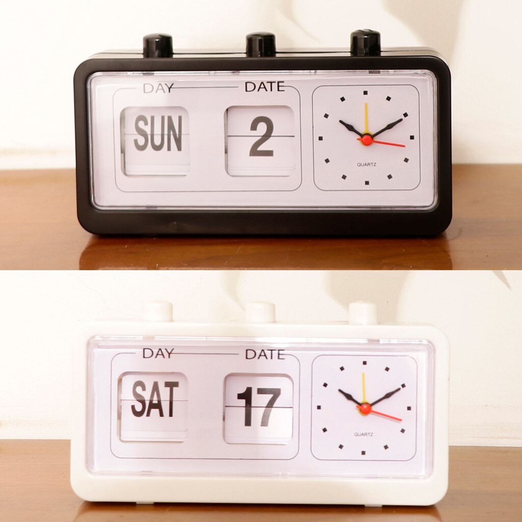 Retro Style Calendar Flip Alarm Clock with Three Press Button -Black/White