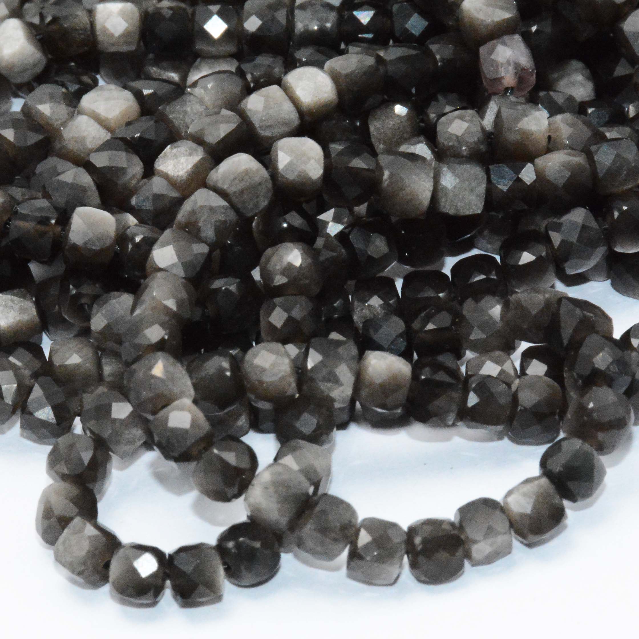 Natural Silver Sheen Obsidian Irregular Faceted Cube Beads 4.2mm~4.5mm