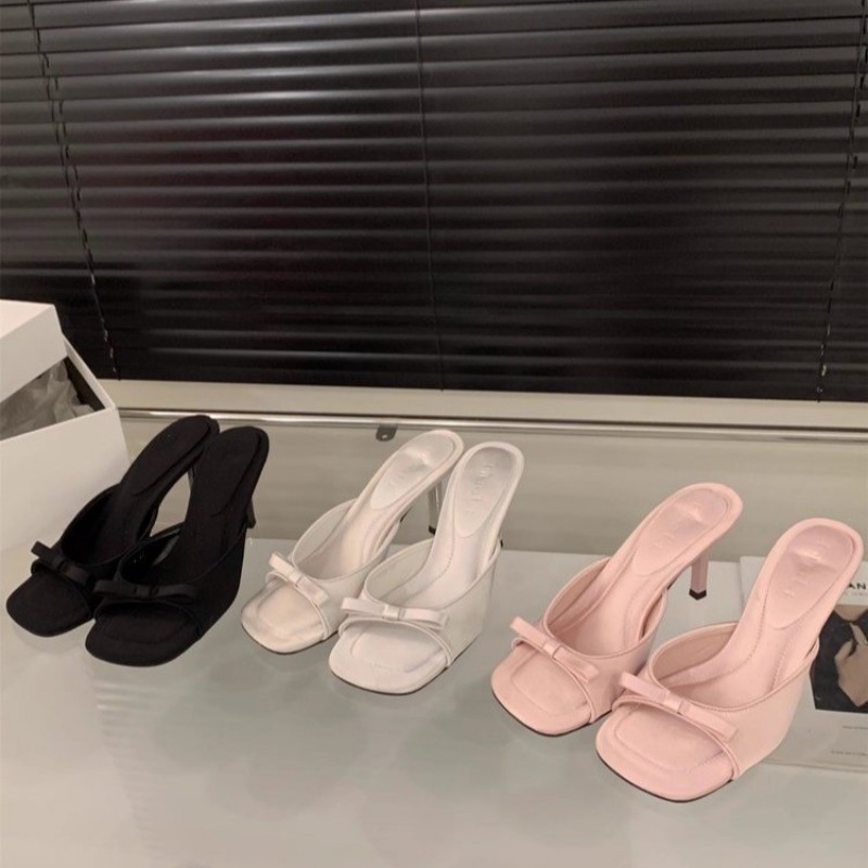 Mules de tacón alto bajo para mujer, sandalias con tiras y lazo, punta cuadrada, aspecto callejero, Verano