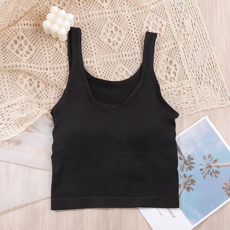 Kvinder crop top pige solid enkel camisole v-hals stribet tube top bred skulderrem polstret undertøj kvinde: Sort top