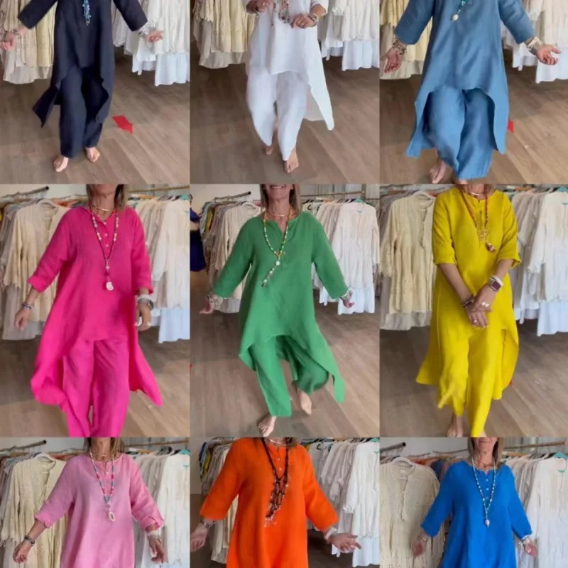 Dameklærsett med s 2 deler, bomull og lin, dress, avslappet, lang skjorte, bluse, topp og vide bukser, ensfarget