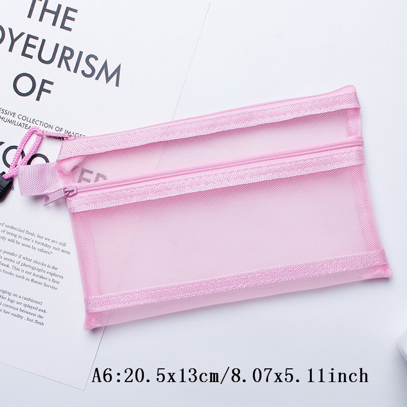 Transparent Mesh File Bag Portable Business Document Stationery Zipper Pocket Organizer Office Supplies Storage Tool Accessories: B-A6 Pink