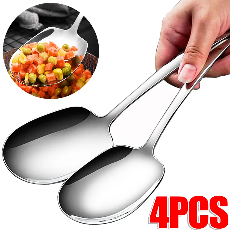 Cuchara grande de acero inoxidable para cena en casa, cuchara pública gruesa, cucharas de sopa con mango largo, vajilla para servir Buffet de cabeza redonda, 1/4 Uds.