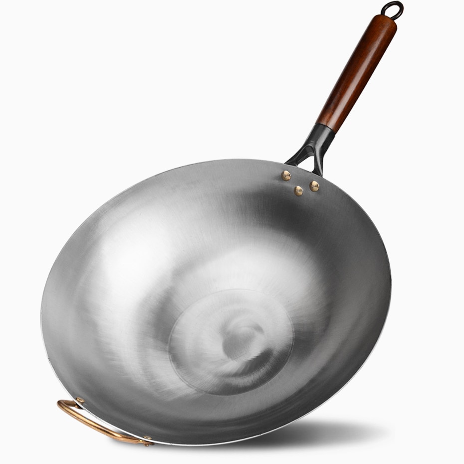 Sartén de Wok de hierro fundido, Wok tradicional chino antiadherente con asas de madera resistentes al calor, ollas de cocina de Gas, utensilios de cocina