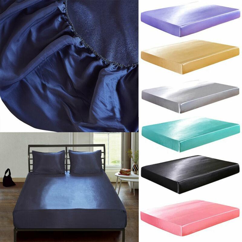 Satin silke seng monteret ark elastiske lagner polyester og bomuld enkelt tvilling fuld dronning konge
