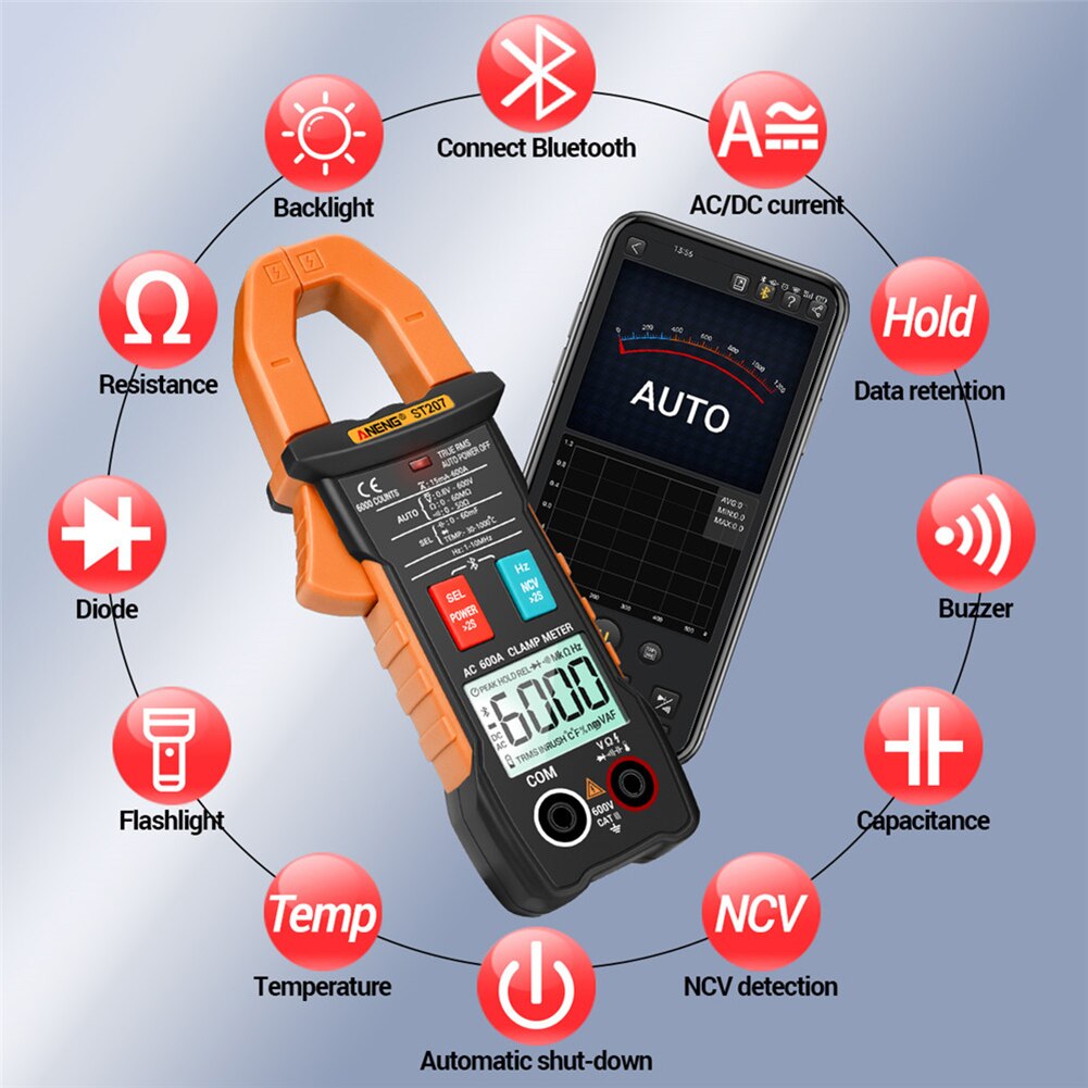 Clamp Meter Multimeter APP Digital Auto Ranging Data Hold Strong Toughness Electric Portable Bluetooth Amp Meter