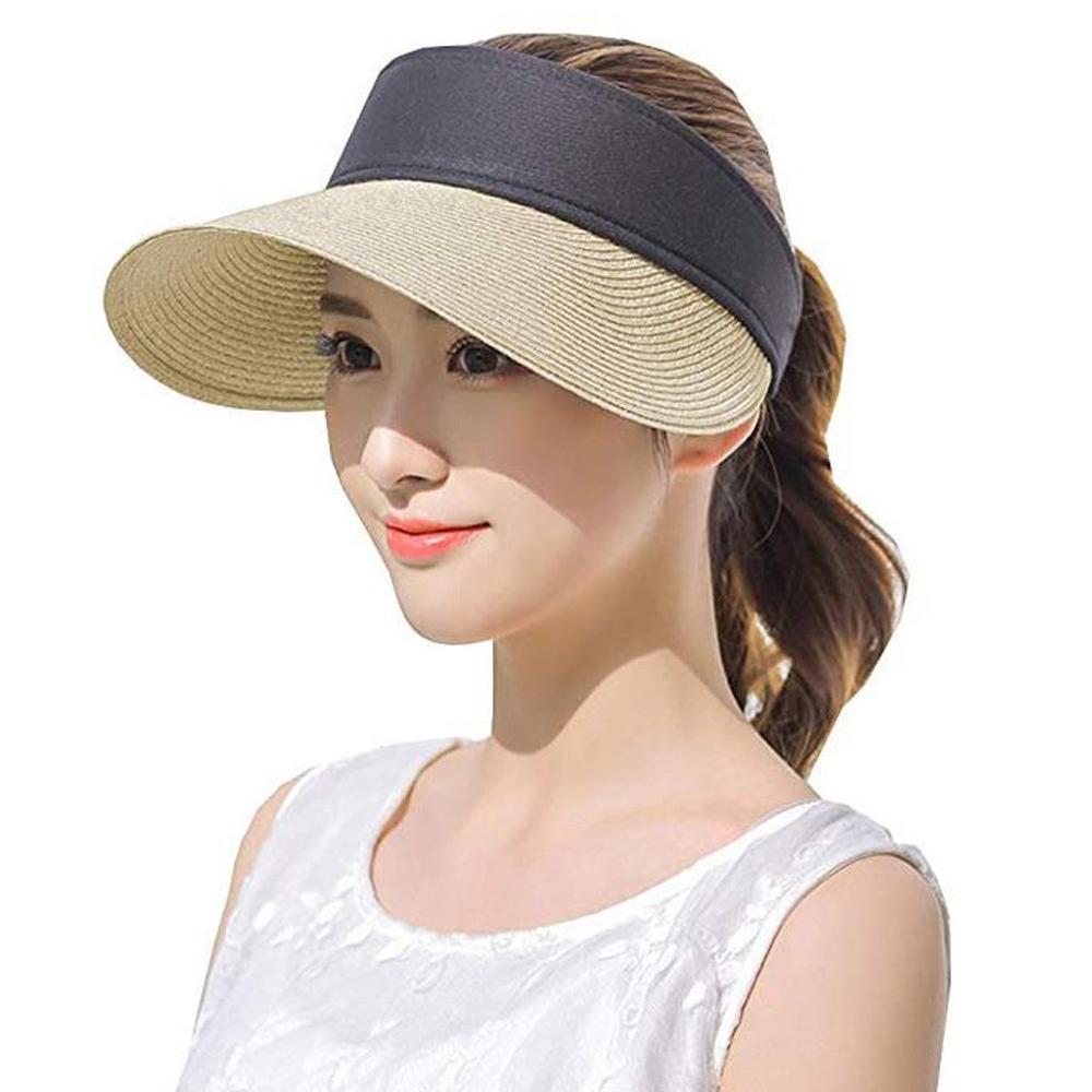 women summer Straw Bohemia Sun Hats pearl packable sun visor hat big heads wide brim beach hat UV protection female cap white: Khaki