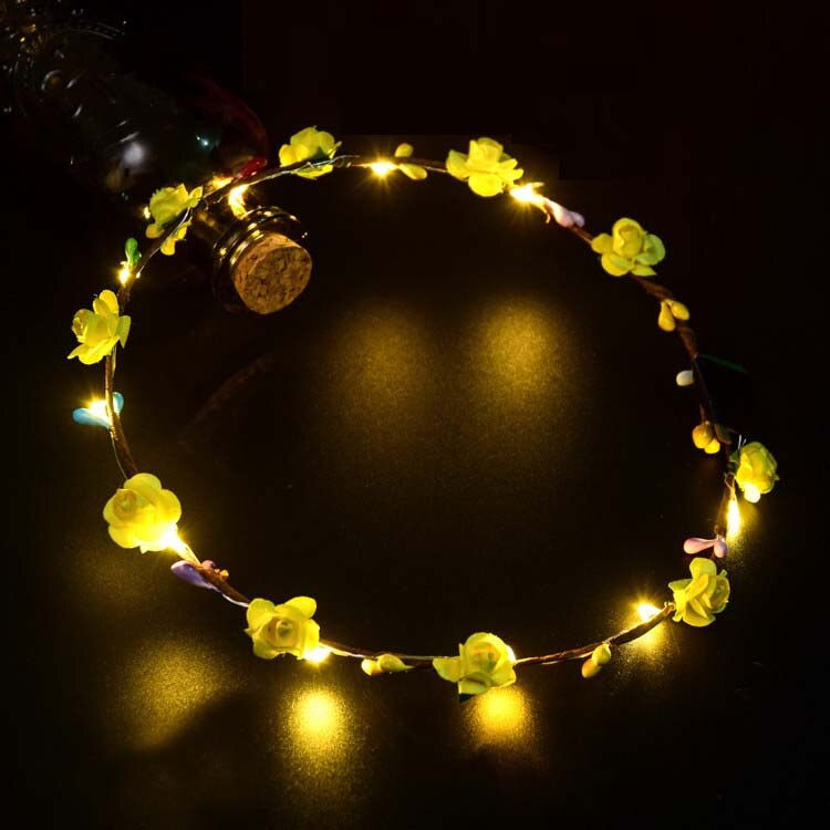 Kvinnor flickor blinkande led blomkrans lyser upp pannband hår girland glöd neon fest bröllop födelsedag jul jul: Gul