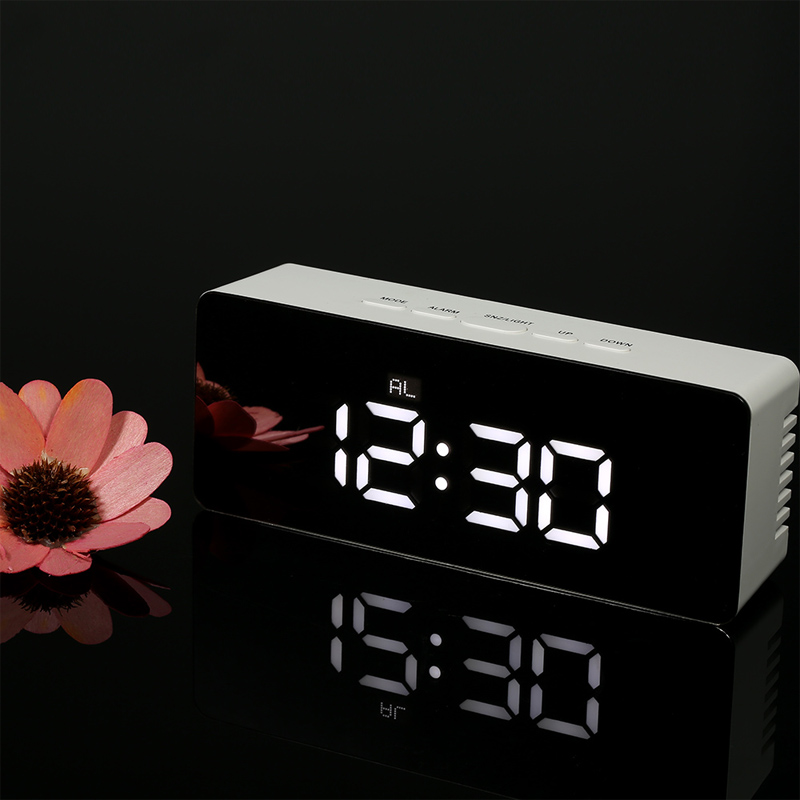 Digital LED Alarm Clock 12H/24H Alarm and Snooze Function Mirror Clock Indoor Thermometer Electronic Desktop Table Clocks USB: White