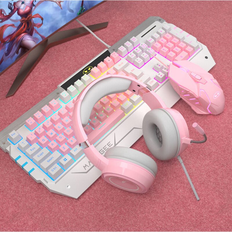 Clavier de jeu mécanique à câble USB rose pour filles, avec capuchons de touches, souris et écouteurs