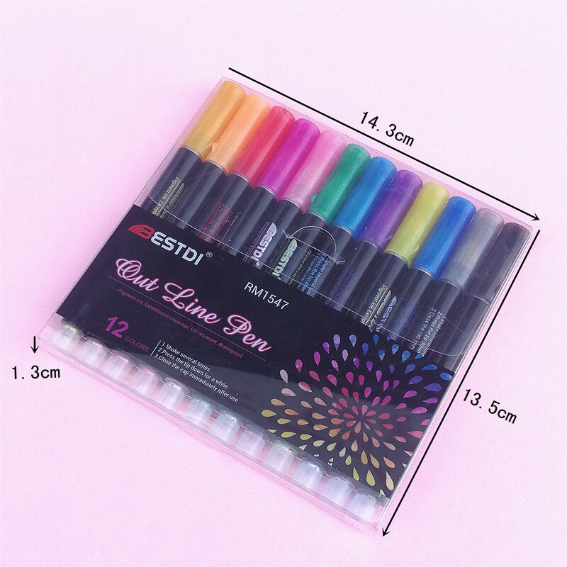 12Pcs set Outline Paint Marker Pen Double Line Magic Shimmer Paint Pens Metal Marker Glitter for Drawing Painting Doodling